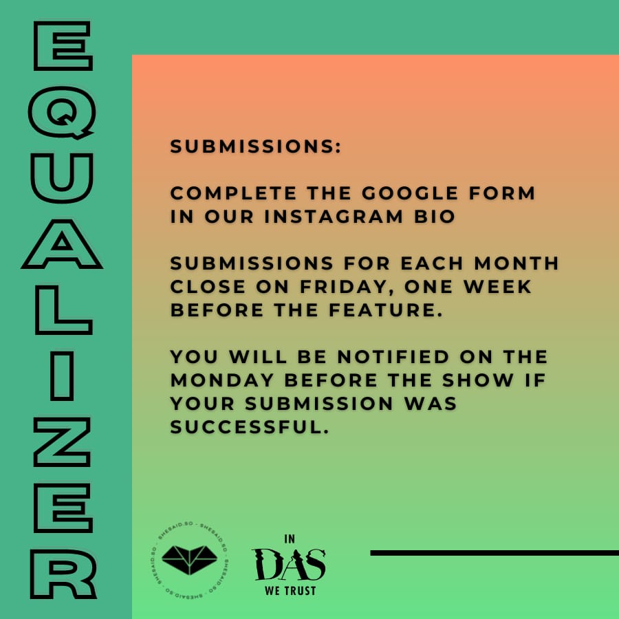 iamDasKapital's tweet photo. Calling all WOMEN and LGBTQI+ South African DJs and producers —

Send in your music + mixes for EQUALIZER - the new monthly initiative by @shesaid_so @shesaidso_za and me.

We want to amplify you, and play your music on my @5FM shows.

SUBMISSION LINK IN BIO 📡 https://t.co/XuqEMQFn8S