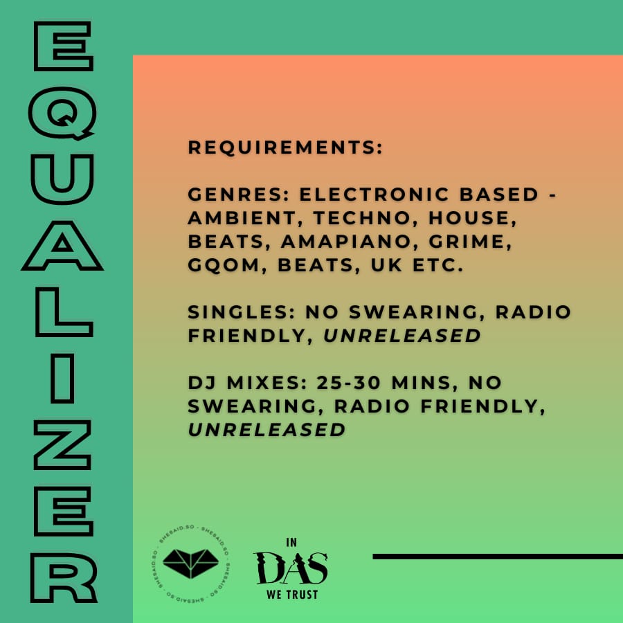 Calling all WOMEN and LGBTQI+ South African DJs and producers —

Send in your music + mixes for EQUALIZER - the new monthly initiative by <a href="/shesaid_so/">shesaid.so</a> <a href="/shesaidso_za/">shesaid.so South Africa</a> and me.

We want to amplify you, and play your music on my <a href="/5FM/">5FM</a> shows.

SUBMISSION LINK IN BIO 📡