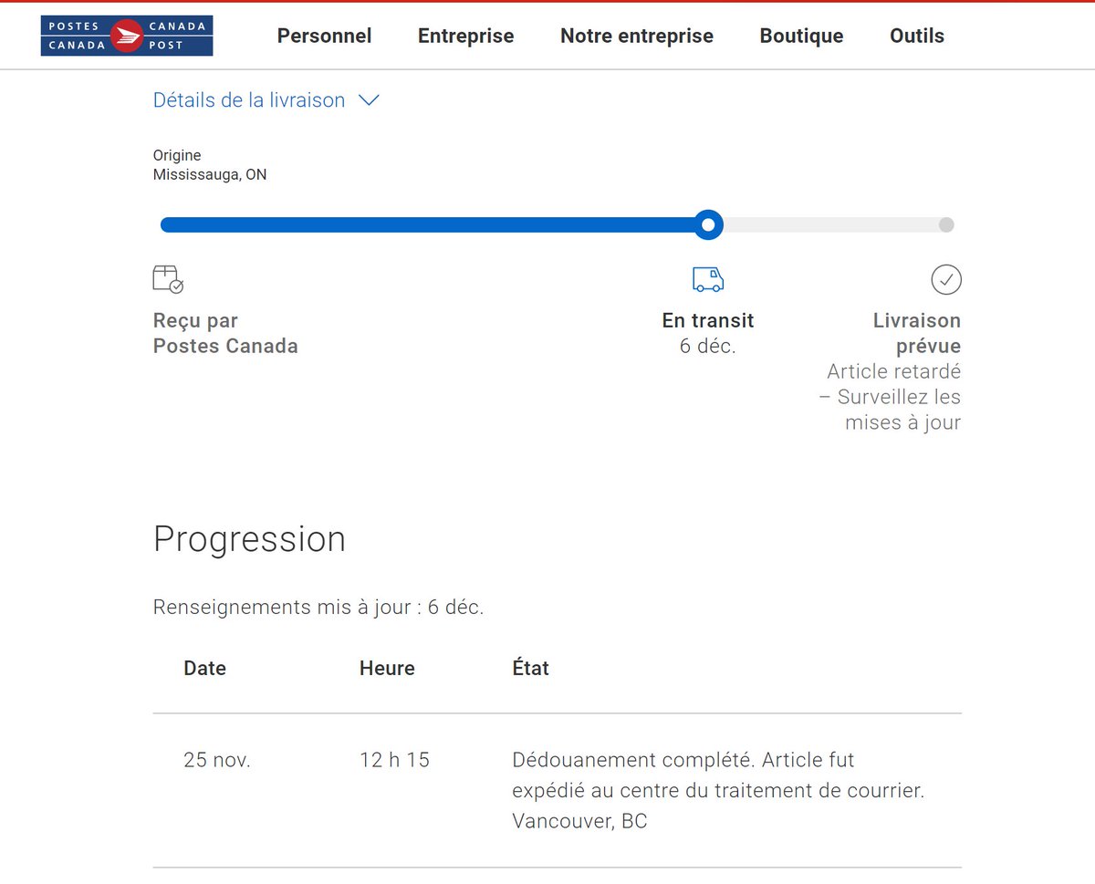 pascalforget's tweet photo. Pendant que les autres services de messagerie livrent la fin de semaine pour répondre à la demande, @postescanada joue à la cachette avec les colis. #entransit https://t.co/RgJopsObdg