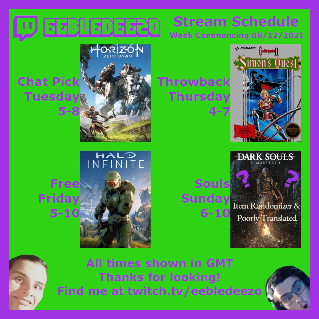 eebledeezo's tweet photo. Here's your schedule for this week, get it down ya!
#streamer #twitch #gaming #pcgaming #youtuber #twitchstreamer #darksouls #darksoulsmod #poorlytranslated #itemrandomizer #horizonzerodawn #darksoulsmemes #halo #haloinfinite #castlevania #castlevania2 #castlevaniaii https://t.co/zMBp7WzXRT