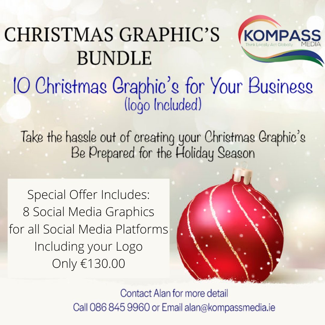 Kompassmedia's tweet photo. Here is a great offer!
Take the hassle out of trying to source Graphics for Christmas. I can help you, some of the types of graphics that I can create. 
Xmas Offers 
Xmas Gifts Vouchers Promotion
Xmas Opening Hours
8 Graphics for only €130 including your logo 
#ChristmasGraphics https://t.co/hHz8xpuzUy