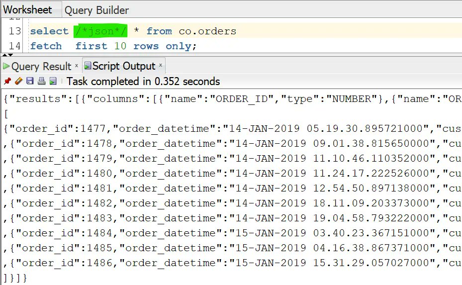 sqldaily's tweet image. Want to get your #SQL query results as CSV, JSON or INSERT statements?
Do this in @OracleSQLDev by adding the format as a comment to the statement
For example
SELECT /*csv*/ ...
Then run the query in script mode (F5 by default)
This also supports XML, HTML, and fixed-width