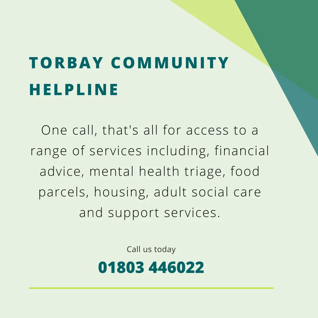 If you or someone you know in Torbay needs or would like support of any kind, please do telephone the Torbay Community Helpline. Remember, we are all here to support each other.

#community #TogetherWeCan