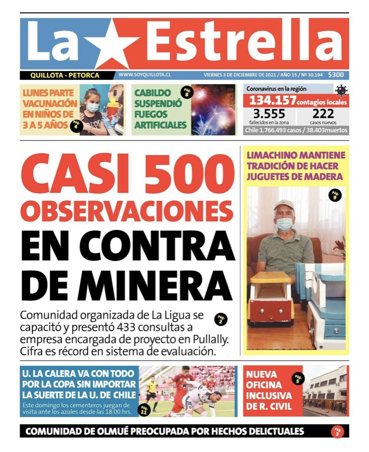 Simbiosis_bio's tweet photo. Partimos esta nueva semana destacando que, las 433 observaciones en contra de la minera Pullalli, en #LaLigua, fue portada del diario La Estrella de Quillota 🗞📰 Durante agosto @salvadonghi de @Simbiosis_bio realizó capacitaciones a la #comunidad y por ello, hoy está informada. https://t.co/wIeqJyWs40