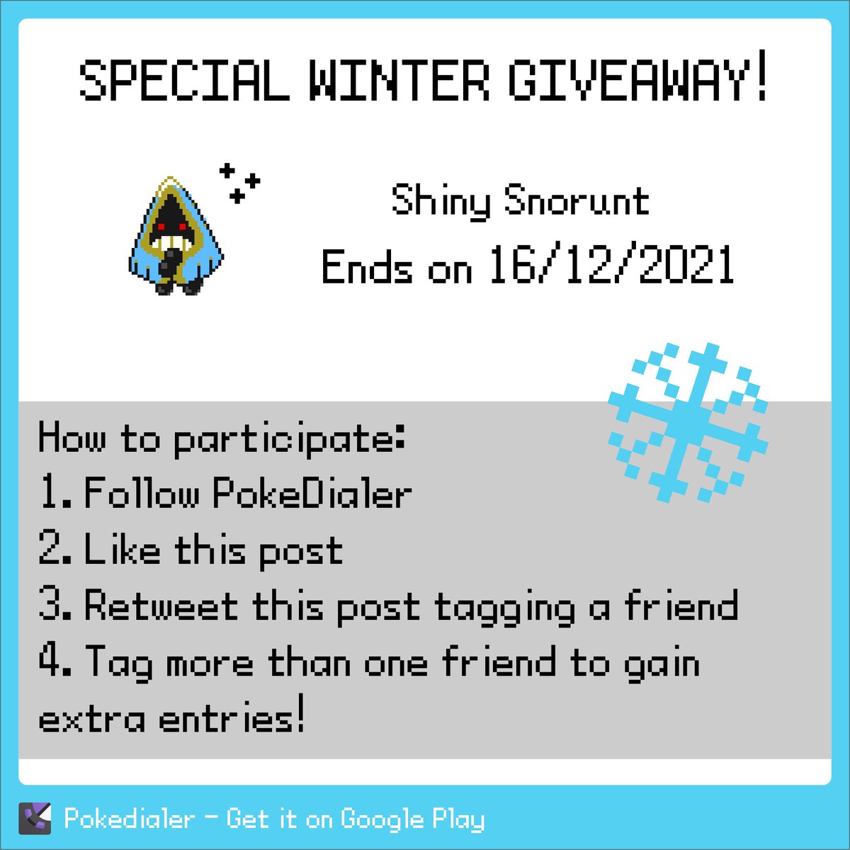 PokeDialer's tweet photo. Winter is coming! ❄️

Celebrate the coldest season of the year joining our giveaway, and try to win a shiny Snorunt! ✨

We will choose one winner for both Instagram and Twitter, hurry up and participate!

#PokeDialer https://t.co/JznxfBJmFF
