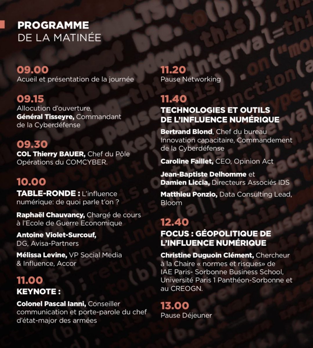 Très heureux de participer aujourd'hui à la journée d'échanges sur l'#InfluenceNumérique organisée par le <a href="/ComcyberFR/">Commandement de la cyberdéfense</a> et Avisa Partners, pour partager quelques retours d'expérience et nos convictions sur le sujet. <a href="/Obs_Information/">Observatoire Stratégique de l'Information</a>