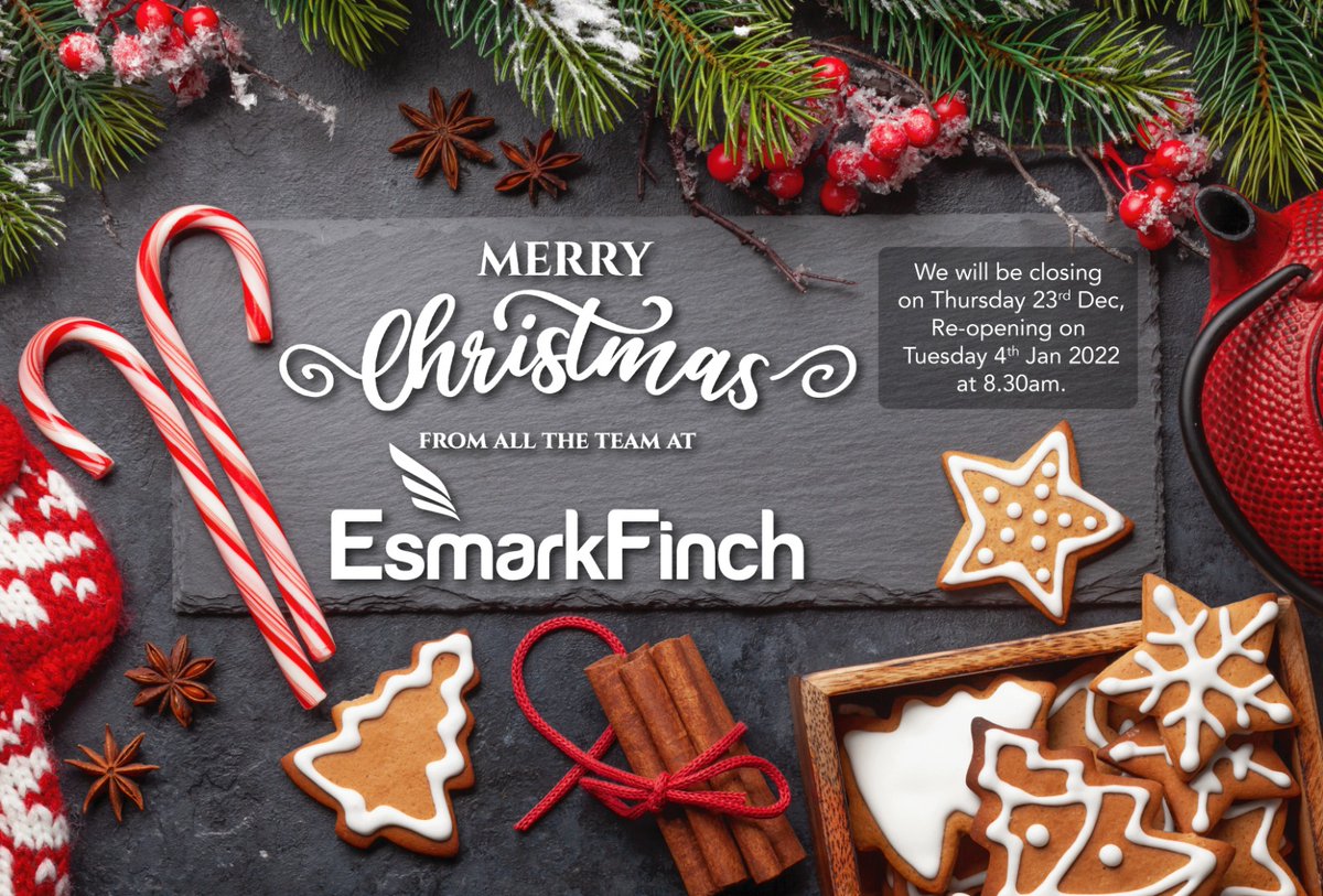 esmarkfinchirl's tweet photo. Merry Christmas to all from the team at Esmark Finch. 
We will be closing on Thursday 23rd December, Re-opening on Tuesday 4th Jan 2022 at 8.30am. https://t.co/AVIto2EtKw
