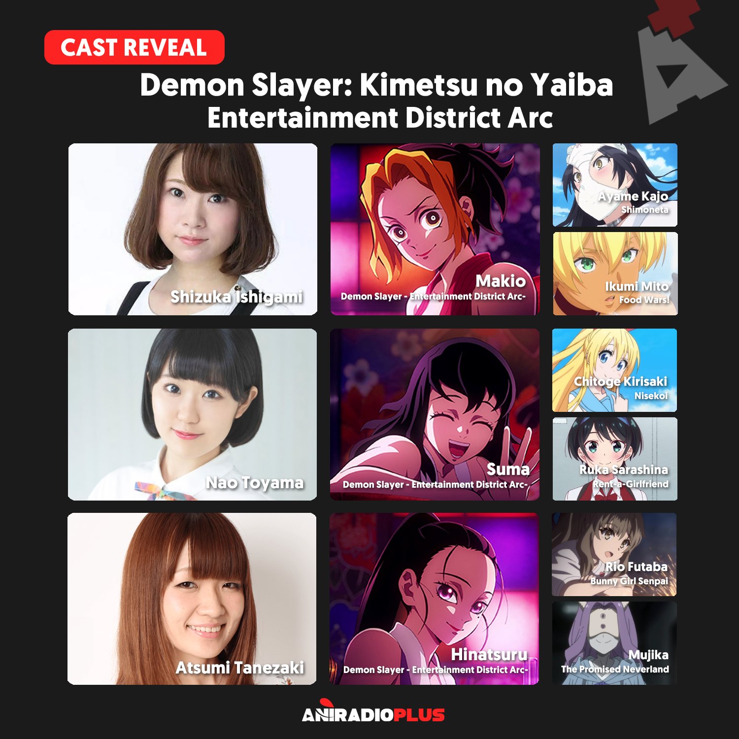 Demon Slayer: Kimetsu no Yaiba Entertainment District Arc additional cast:  - Makio (CV: Shizuka Ishigami) - Suma (CV: Nao Toyama) - Hinatsuru (CV:  Atsumi Tanezaki) : r/KimetsuNoYaiba