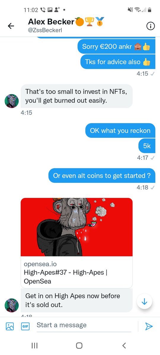 GtAutos3's tweet photo. @kanehenry347 @Percy5ive Hi he never got me but tried to get me to buy a nft picture high apes # 39 for €4300 https://t.co/XQJ8xvv453