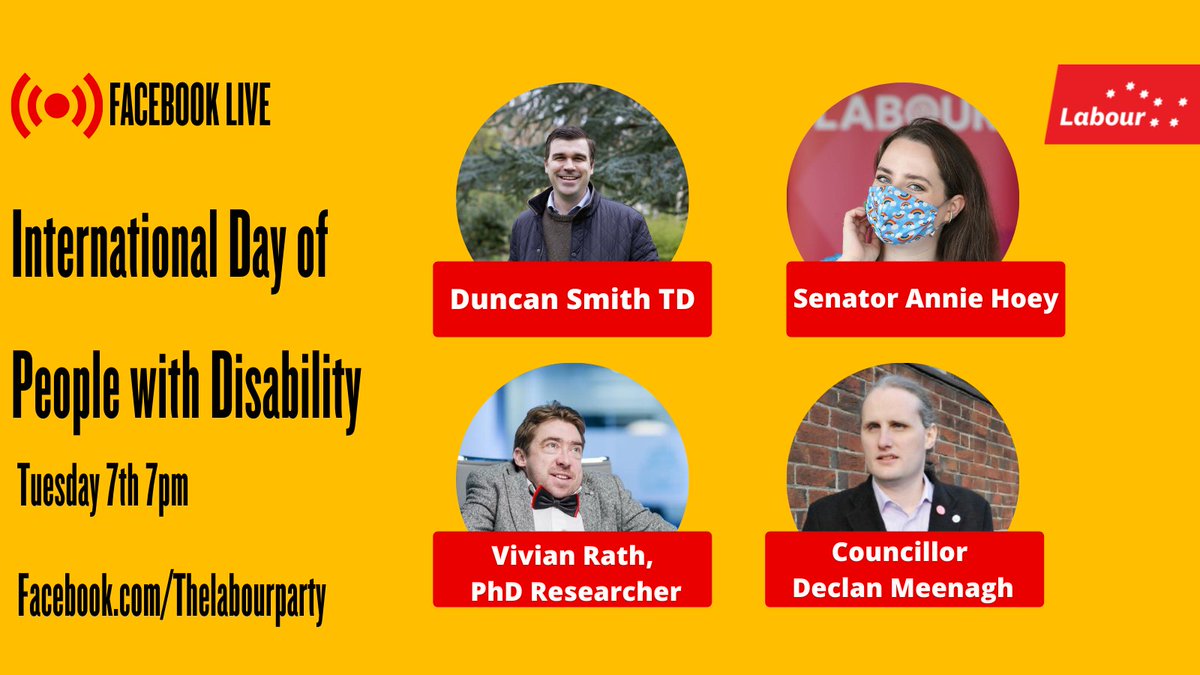 labour's tweet photo. Tomorrow at 7pm we will be marking last weeks #IDPWD with a Facebook Live conversation 

We will be joined by @DuncanSmithTD, @hoeyannie, @RathVivian and @declancabra 
You can tune in here 

https://t.co/EkngZX0M7Y https://t.co/MOC8JvYlyJ