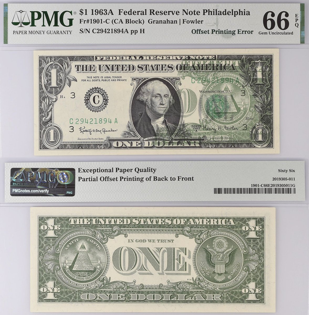 PMGnotes's tweet photo. For #MistakeMonday, here is a 1963A Federal Reserve Note with an Offset Printing Error, where some of the design from the back of the note ended up on the front. #numismatics #papermoney #banknote #federalreservenote #dollar #offsetprinting #errornote #notecollecting https://t.co/4VlLMw9qxo