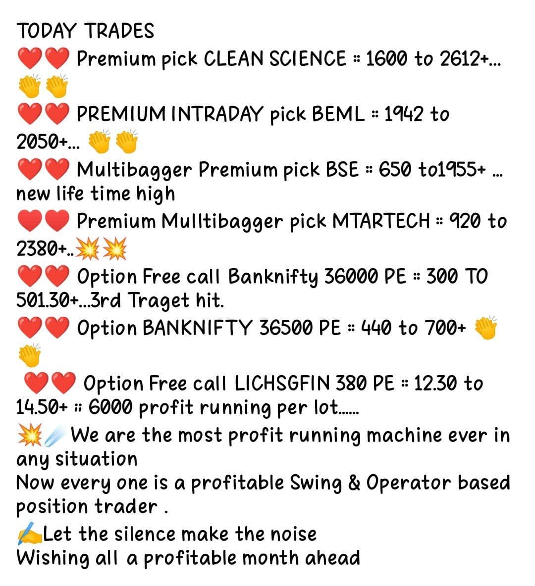 BTraderzone's tweet photo. ✍️Let the silence make the noise
Wishing all a profitable month ahead #mtartech #BEML #cleanscience #bse #apollohosp #fluorochem #neogen #reliance #divislab #jublfood #raymond #polyplex #coalindia # tatasteel #intraday #operatorpositions #freejackpotcalls #nifty #trading https://t.co/MlgmD1pb7M