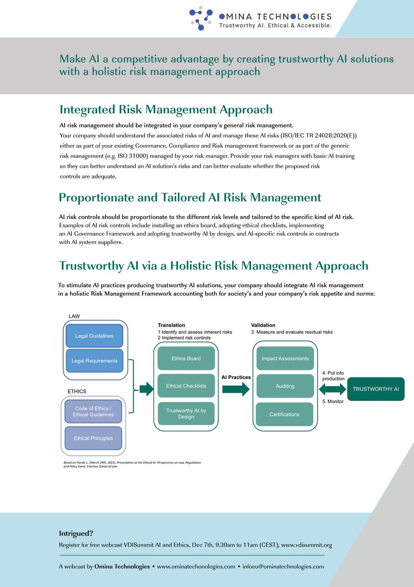 OminaTech's tweet photo. You can make #AI a competitive advantage by creating #trustworthy ai solutions that properly manage AI risks via a holistic #riskmanagement framework. Intrigued? Read this introduction and register for the #free #VDISummit AI and #Ethics #webcast next Tuesday. @altmax @vdi_summit https://t.co/uhJDHLUoOG