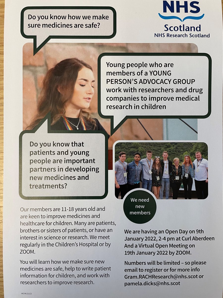 Aged between 11-16 and think the opinions of young people should be included in medical research then come along to our Open Day 9.01.22 or Virtual Evening 19.01.21 to find out more. email me pamela.dicks@nhs.scot #childreninresearch #givechildrenavoice @GenrYPAGs <a href="/smain64/">Stephen Main</a>