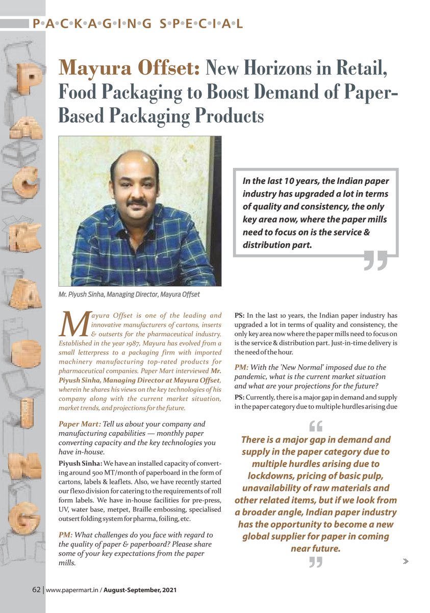 papermartindia's tweet photo. Full Interview: https://t.co/YSJRDfbHOe
#PaperMart interviewed Piyush Sinha, Director, #MayuraOffset, who tells us the key #technologies, the market situation & future of #paperpackaging industry.
#PaperIndustry #PaperBasedPackaging #IndianPaperIndustry #PaperConverting https://t.co/C4x1Lww0SO