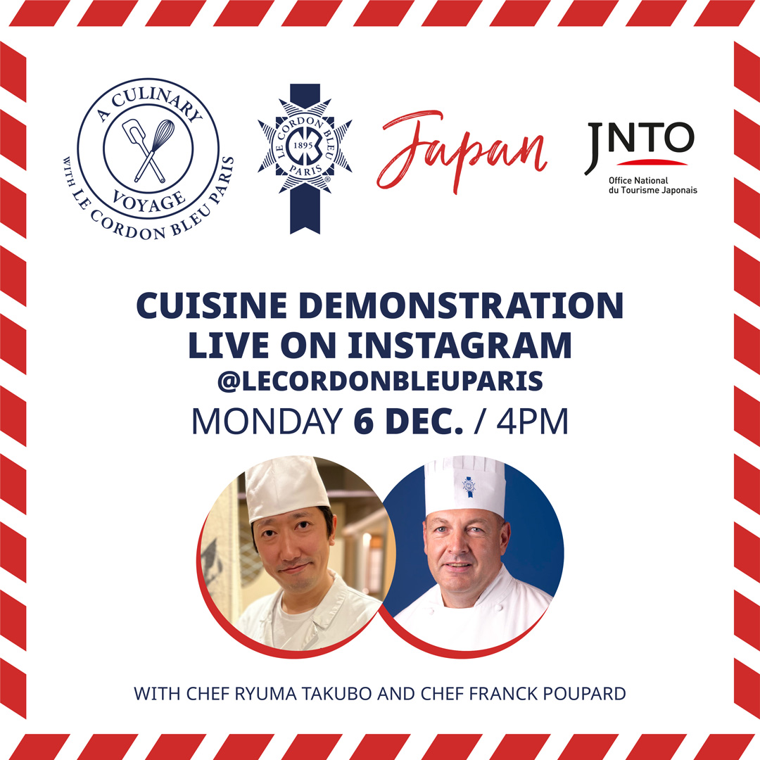 Join us today at 4 pm on Instagram for a live Japanese cuisine demonstration with Chef Takubo and Le Cordon Bleu Paris Chef Franck Poupard!

#lecordonbleu #voyageculinaire #Japan  #Japon