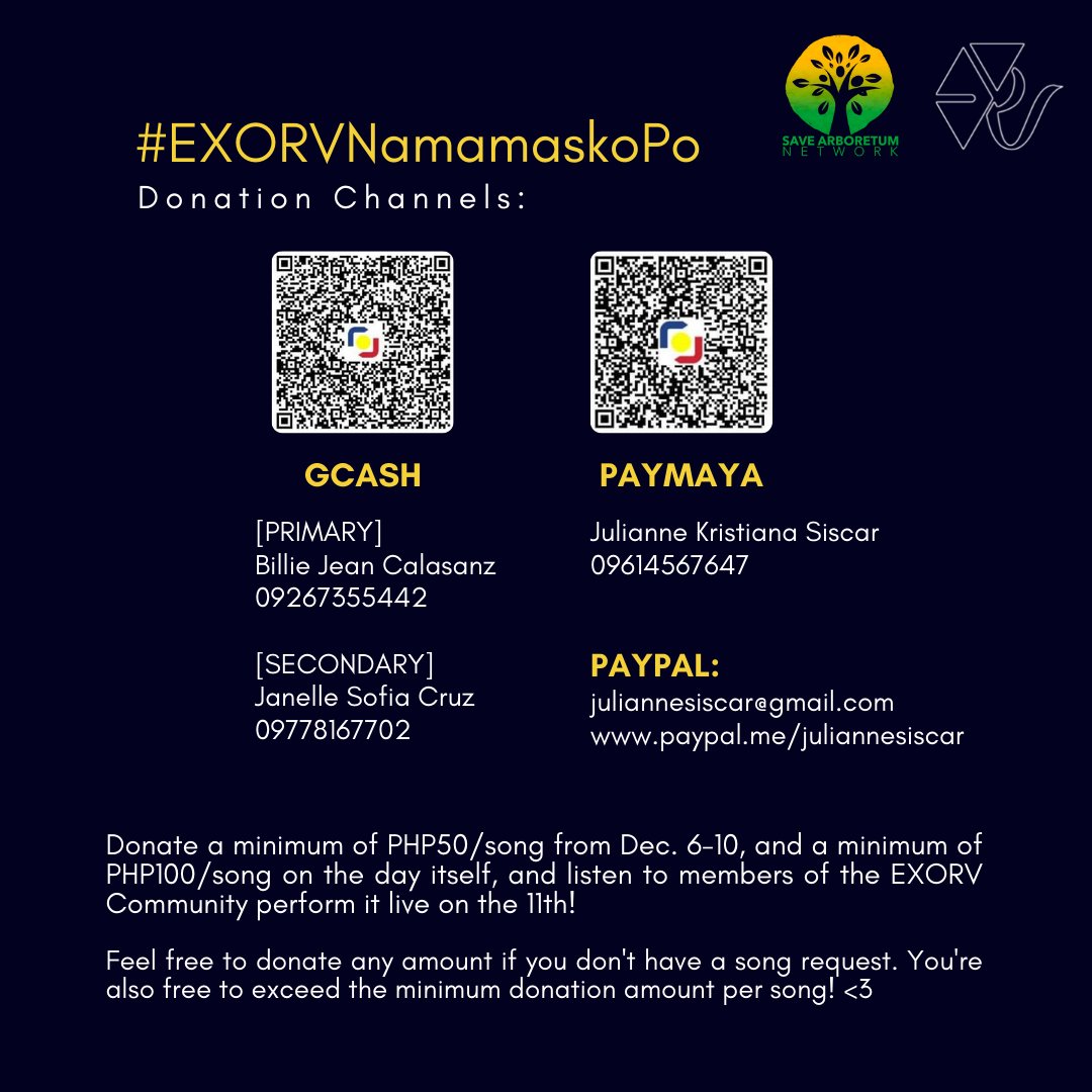 #EXORVNamamaskoPo Donation Channels:

For more information about donations and song requests, please refer to the post below.

Note: You don't have to fill out the donation form above if you do not have a song request! 💚