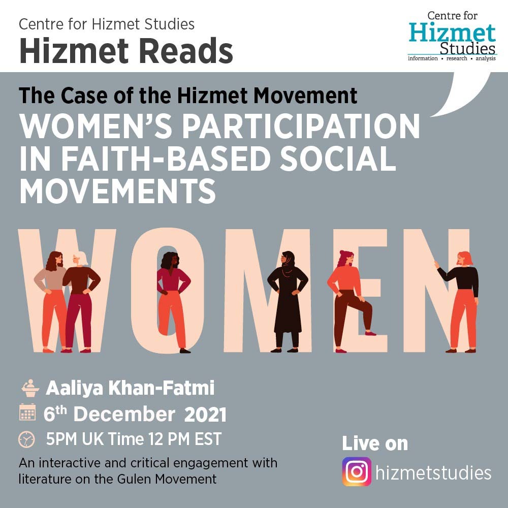 📢  "Hizmet Reads" Update  📢
 
📍 Join us this evening at 5pm live on our Instagram page: instagram.com/hizmetstudies 

This months' read is "The Case of Hizmet Movement: Women’s Participation in Faith-Based Social Movements"
 
Guest: Author of the article, Aaliya Khan-Fatmi