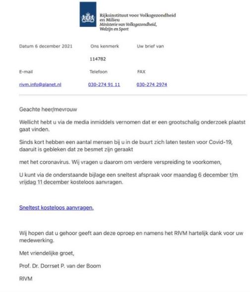 rivm's tweet photo. Er is momenteel een nep e-mailbericht in omloop waarin mensen wordt gevraagd een sneltest afspraak in te plannen. Dit is géén officieel bericht van het RIVM. Klik niet op de link in deze e-mail.

meer info: https://t.co/qztR75LuWH https://t.co/EDPg0wUA1z
