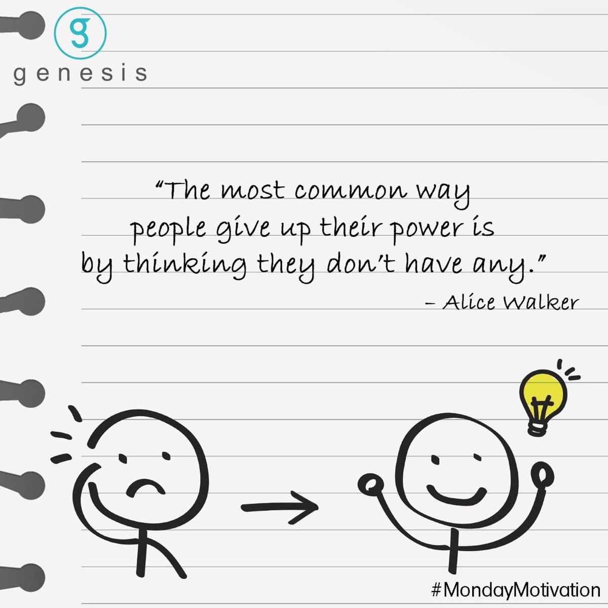 GenesisMyanmar's tweet photo. 𝐌𝐨𝐧𝐝𝐚𝐲 𝐌𝐨𝐭𝐢𝐯𝐚𝐭𝐢𝐨𝐧

“The most common way people give up their power is by thinking they don’t have any.” – Alice Walker

#MondayMotivation #GenesisMyanmar #Myanmar https://t.co/xkgnwiRkgM