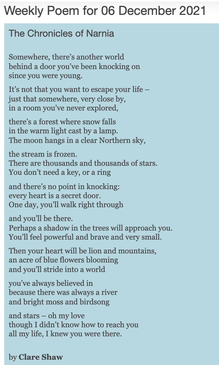 brookespoetry's tweet photo. Our #WeeklyPoem is 'The Chronicles of Narnia' by @ShareClaw and comes from the lovely @poetrycandle pamphlet Christmas Movies, out now! You can read more about the pamphlet on our website (https://t.co/UYVd1XzHjh) &amp; buy a copy on the Candlestick site: https://t.co/d3tB0mfbZX https://t.co/XpFggJMMj8