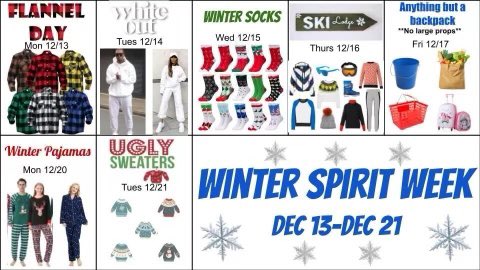 VikingEdgeFHHS's tweet photo. Here it is… winter spirit weeks!! Participate and have fun, thank you to everyone who voted to make the final decision on spirit days! https://t.co/F5KzNiFaUj
