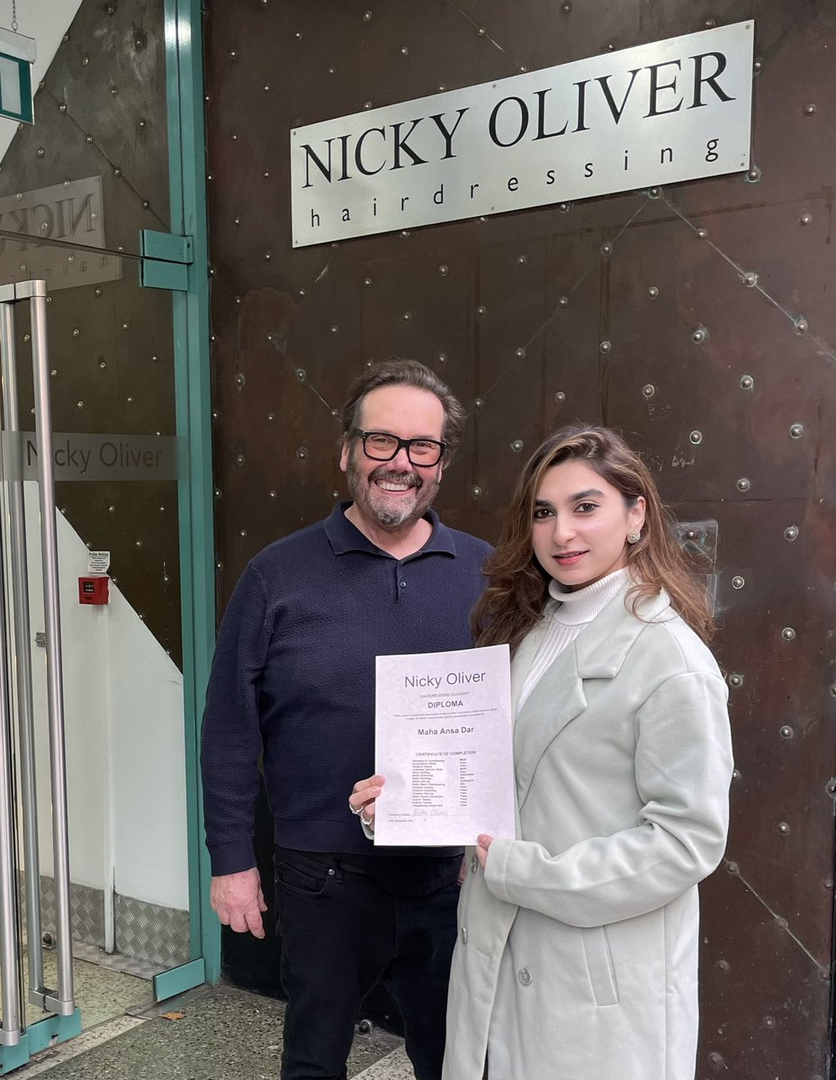 nickyoliverway's tweet photo. Congratulation Maha on completing your NVQ level 2. We are looking forward to seeing all your work back home in Pakistan. #nickyoliverhairdressing #hairdressingcourses #goodsalonguide #NVQ #vtct #beginnerhairdressingcourses #careerdevelopment #barberingcourse #makeupcourse #NQ https://t.co/mbcbeYAVeK