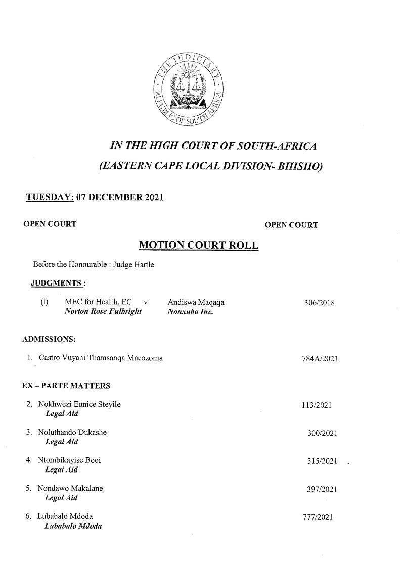 EC_Division's tweet photo. THE HIGH COURT OF SOUTH AFRICA EASTERN CAPE DIVISION, BHISHO
BHISHO UNOPPOSED MOTION COURT ROLL OF 7 DECEMBER 2021
BEFORE THE HONOURABLE: JUDGE HARTLE https://t.co/roWzgd4pU4