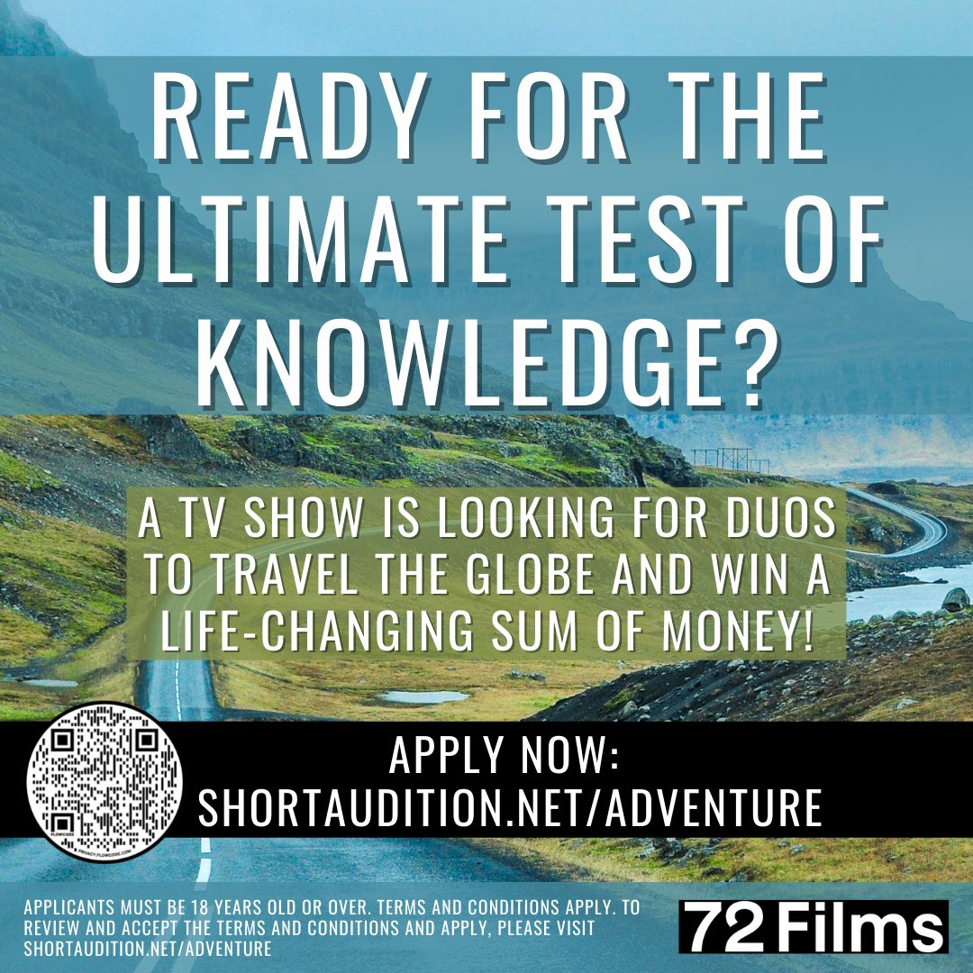 gurj_tvcasting's tweet image. 🤓DO YOU HAVE THE GENERAL KNOWLEDGE TO WIN A LIFE CHANGING AMOUNT OF MONEY?
🌍👫A TV SHOW IS LOOKING FOR ADVENTUROUS DUOS TO TRAVEL THE WORLD TO WIN
APPLY HERE: shortaudition.net/adventure

#MondayMorning #MondayMotivation #TVseries