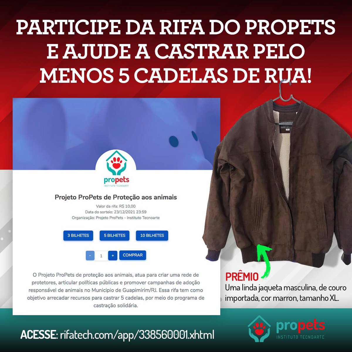ProPets12's tweet photo. Que tal começar o último mês do ano fazendo uma boa ação? Participe da rifa do ProPets e ajude a castrar pelo menos 05 cadelas de rua. Além de ajudar, você ainda pode ganhar uma linda jaqueta de couro! Que demais, hein? Para participar, acesse o link:
https://t.co/mvYGfYED71 https://t.co/w3U3Kw2Lzl