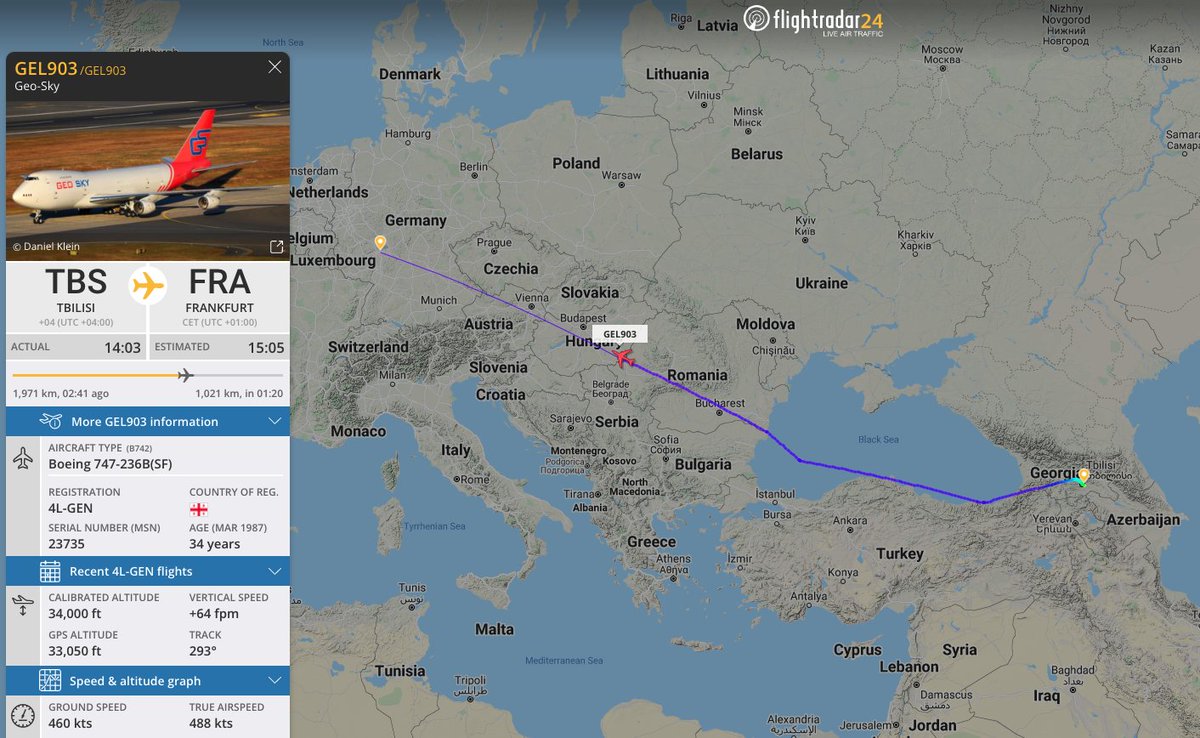 flightradar24's tweet photo. The oldest 747 in the air right now. 747-200 4L-GEN began flying in 1987 for British Airways before being converted to cargo in 2003. https://t.co/5Abvjh7K6n https://t.co/9O8h4I9eXR