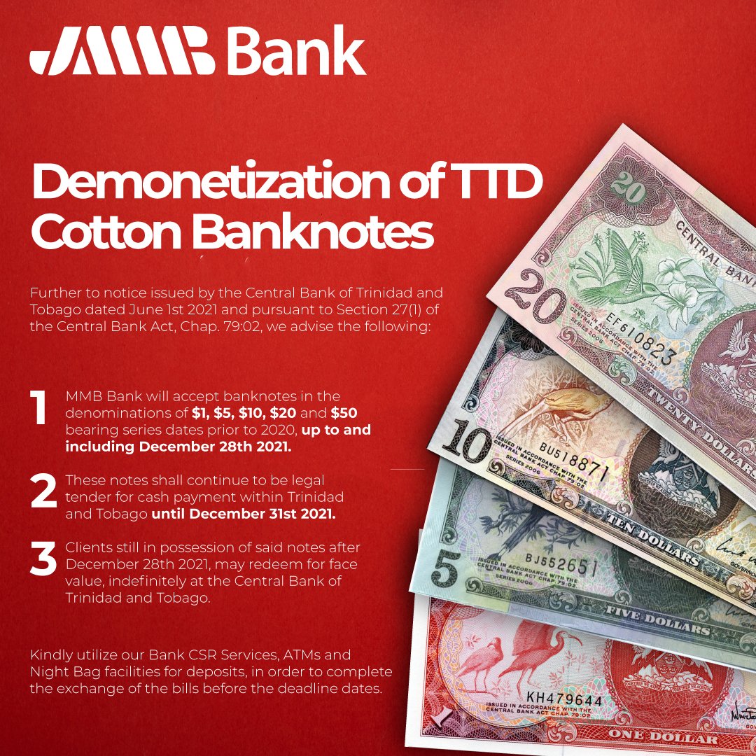 jmmbgrouptt's tweet image. Exchange your cotton bills for polymer notes before December 28th 2021!

#polymernotes #jmmbtt #jmmbgrouptt