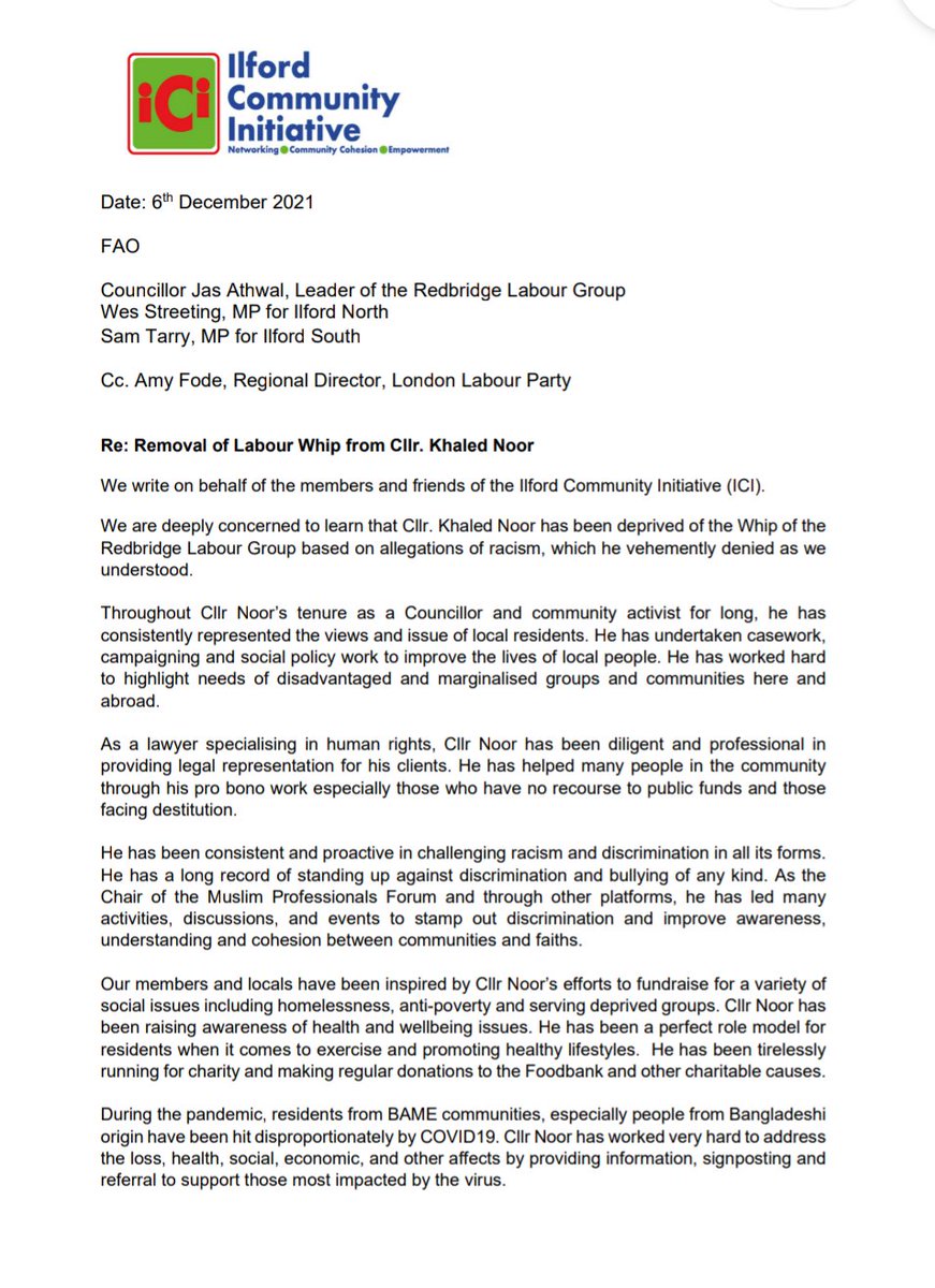 ilfordci's tweet photo. @ilfordci's open letter to @Jas_Athwal @wesstreeting  @SamTarry on removal of Labour Whip from Cllr @MKhaledNoor,asking to investigate the circumstances and identfy the culprit who sent an #Islamophobic tweet from @redbridgelabour Twitter Account in November 2020 @IlfordRecorder https://t.co/ftEGgTlBme