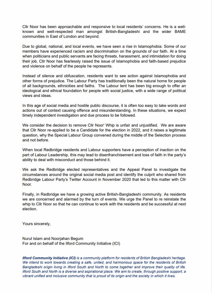 ilfordci's tweet photo. @ilfordci's open letter to @Jas_Athwal @wesstreeting  @SamTarry on removal of Labour Whip from Cllr @MKhaledNoor,asking to investigate the circumstances and identfy the culprit who sent an #Islamophobic tweet from @redbridgelabour Twitter Account in November 2020 @IlfordRecorder https://t.co/ftEGgTlBme