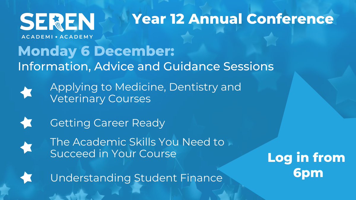 TheSerenAcademy's tweet photo. First up to kick-start our Year 12 #SerenAcademyConference we’ll have sessions on 👇 

⭐Making university choices 
⭐Applying for medicine, dentistry &amp; veterinary courses
⭐Understanding student finance, scholarships &amp; bursaries with @StudentFinanceWales

See you at 6pm 👋 https://t.co/xT2idbjaSs