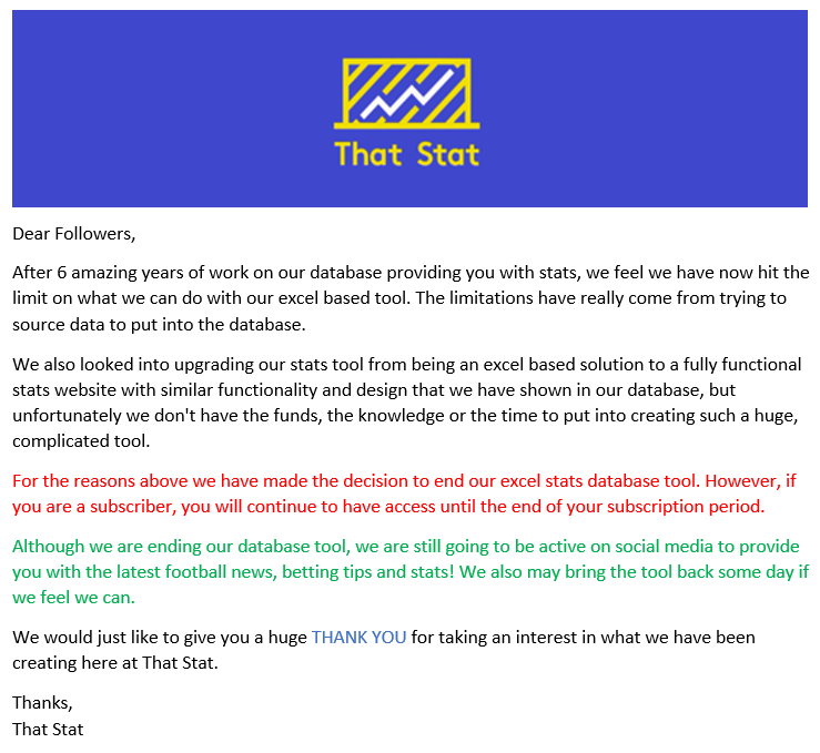 That_Stat_'s tweet photo. After 6 years, much thought and some hard decisions, we have decided to end our That Stat Excel Database Tool #football #ThatStat #EndOfAnEra https://t.co/uGQLmxDySE