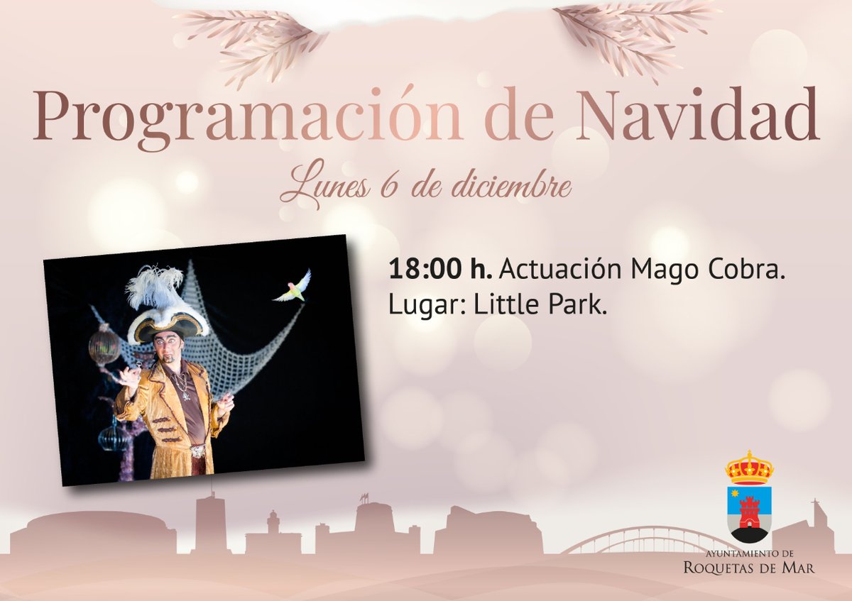 AytoRoquetas's tweet photo. 😁Hoy tenemos un planazo para dejar alucinados a los peques de #RoquetasdeMar
🧙♂ ✨ El Mago Cobra nos dejará boquiabiertos con actuación, trucos y espectáculos a las 18:00 horas en #LittlePark 🎡
🙋♂️ Trae a los más pequeños de la casa y disfruta de la #Navidad en #Roquetas https://t.co/Rw7b3RY0Z1