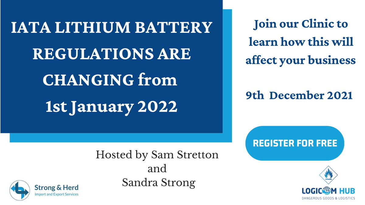 LogicomHub's tweet photo. Make sure you are ready for the IATA regulation changes for Lithium Batteries

Join us and @SandraStrong @Strongherdllp

Register for free for our 9th December clinic here: https://t.co/nFUu2pt2Cw

#logistics #supplychain https://t.co/EyrINY7O0n