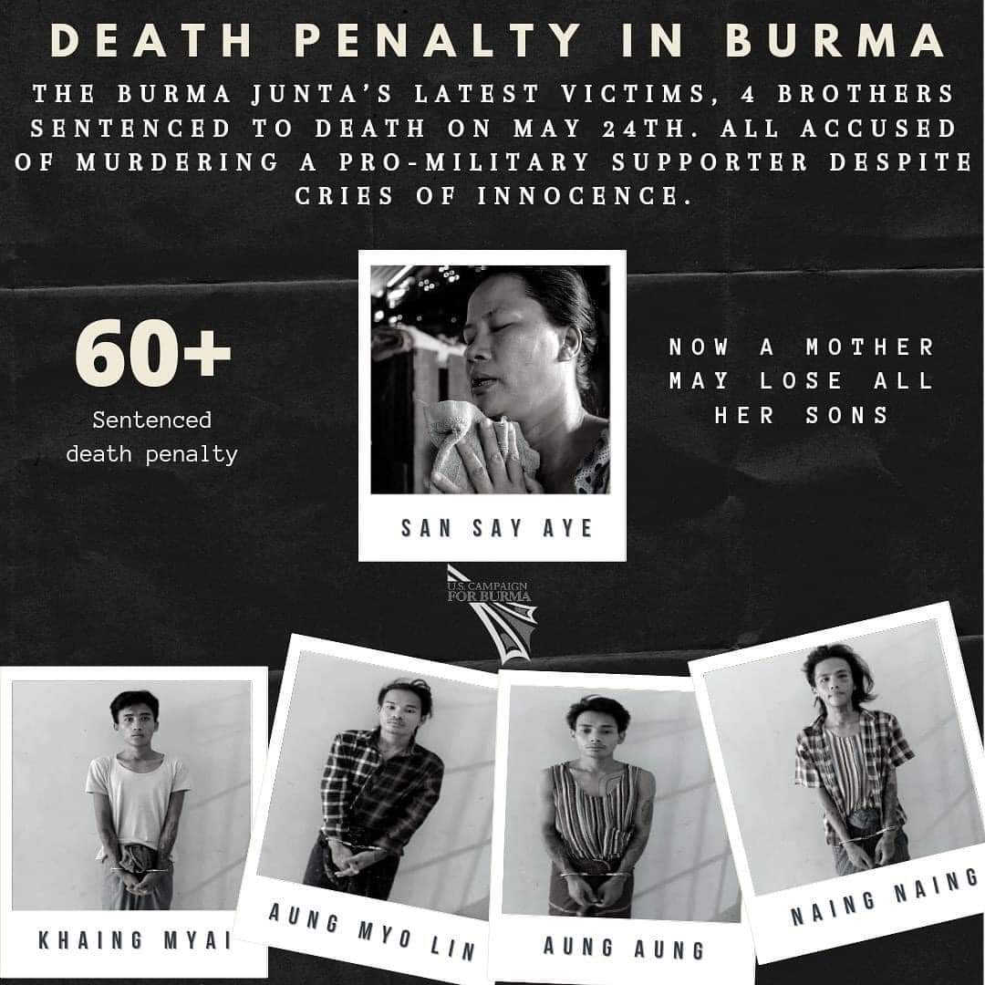 Rubbit43146862's tweet photo. Pro-democracy activists were charged with unlawful charges,sentenced to prison &amp; sentenced to death by Military Terrorists.After Junta's seized the country since February,any civilians who against them are being abducted and charged.Where's fair Judiciary System for us?#FckTheLaw https://t.co/ES61IwuYUi