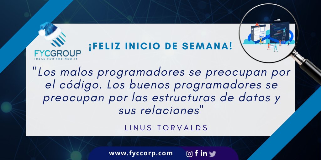 fycgroup's tweet photo. 👨💻"Los malos programadores se preocupan por el código. Los buenos programadores se preocupan por las estructuras de datos y sus relaciones" #LinusTorvalds
🎄¡Feliz semana!🎄
#TestingQuotes #PruebasdeSoftware #CalidaddeSoftware #PruebasAutomatizadas #DesarrollodeSoftware #FYC https://t.co/J95fz2uA2n