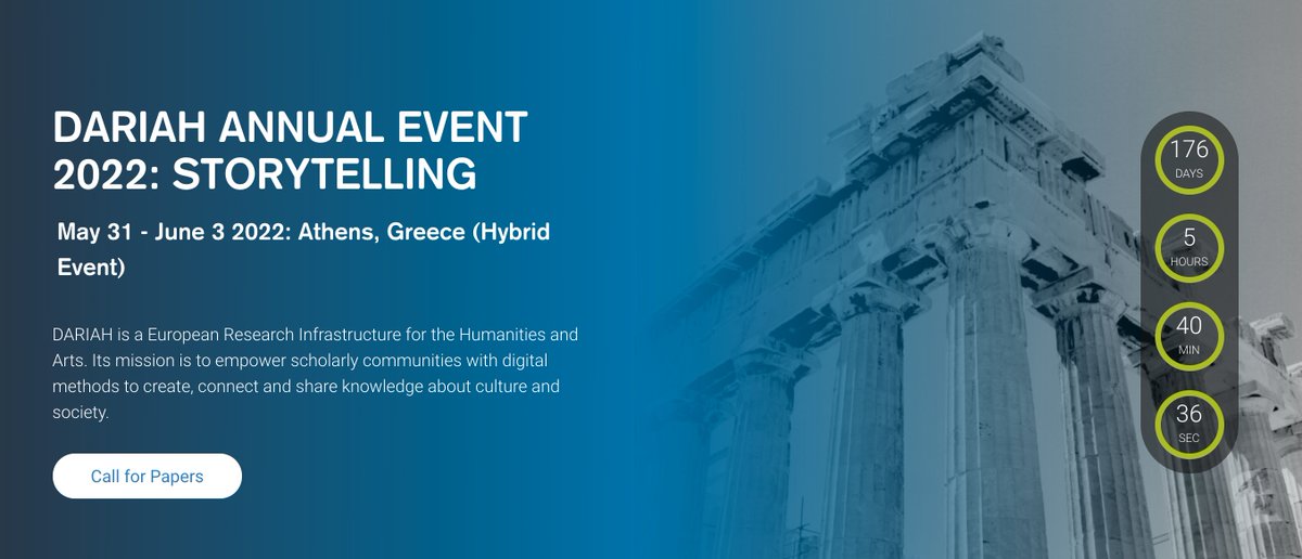 🎇🎆Drumrolls please for the launch of our new <a href="/DARIAHeu/">DARIAH-EU | @dariaheu.bsky.social</a> Annual Events website hosting the Call for Papers for the #DARIAH2022 event!

For the 2022 Hybrid event, planned on May 31-June 3 in Athens, Greece, we are exploring the topic of Storytelling: annualevent.dariah.eu