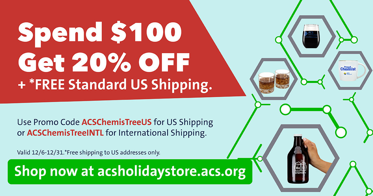 AmerChemSociety's tweet photo. ⛄ Deck the halls & the lab 🧪 with the ACS #ChemisTree Sale! 🎄 Spend $100+, Get 20% OFF + *FREE Standard Shipping. Promo Codes: ACSChemisTreeUS (US) ACSChemisTreeINTL (International). Valid 12/6-12/31. Shop the #ACSStore at https://t.co/nYZfxYU6v2
*Free shipping to US only https://t.co/GP9g8spxp0