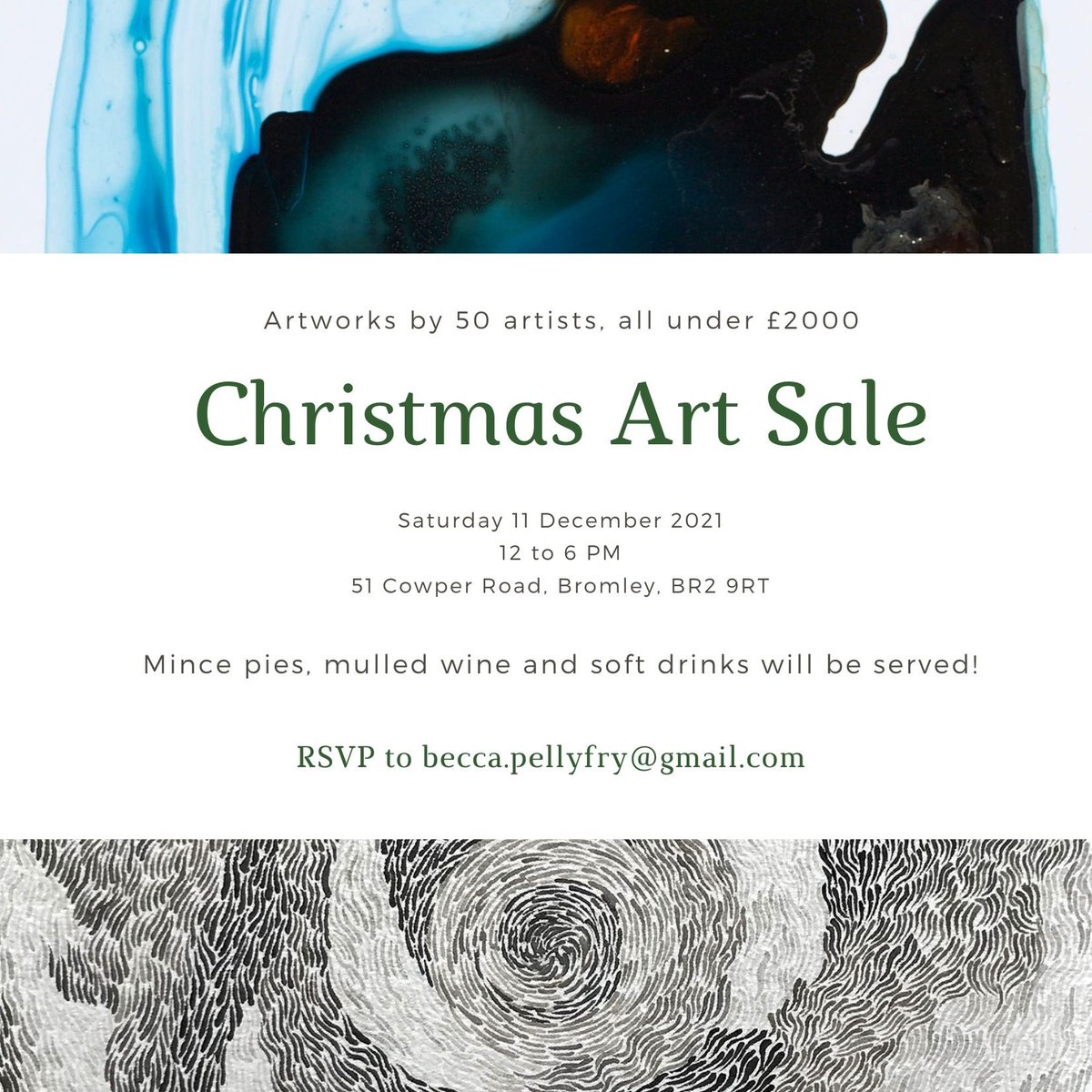 BeaHaines's tweet photo. This Saturday curator/artist @beccapf is holding a Christmas art sale which I’m happy to be taking part in!…

Christmas Art Sale in Bromley, Saturday 11 December. All welcome. Drop in anytime between 12 and 6pm. Mulled wine and mince pies and LOTS of lovely art for sale. https://t.co/6whN7aK0N3