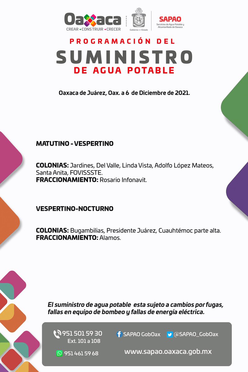 SOAPA_Oax's tweet photo. Buen día #Oaxaca, te invitamos a consultar el suministro de agua potable para este lunes 6 de diciembre de 2021. 
@alejandromurat https://t.co/jsJyRB6mfe