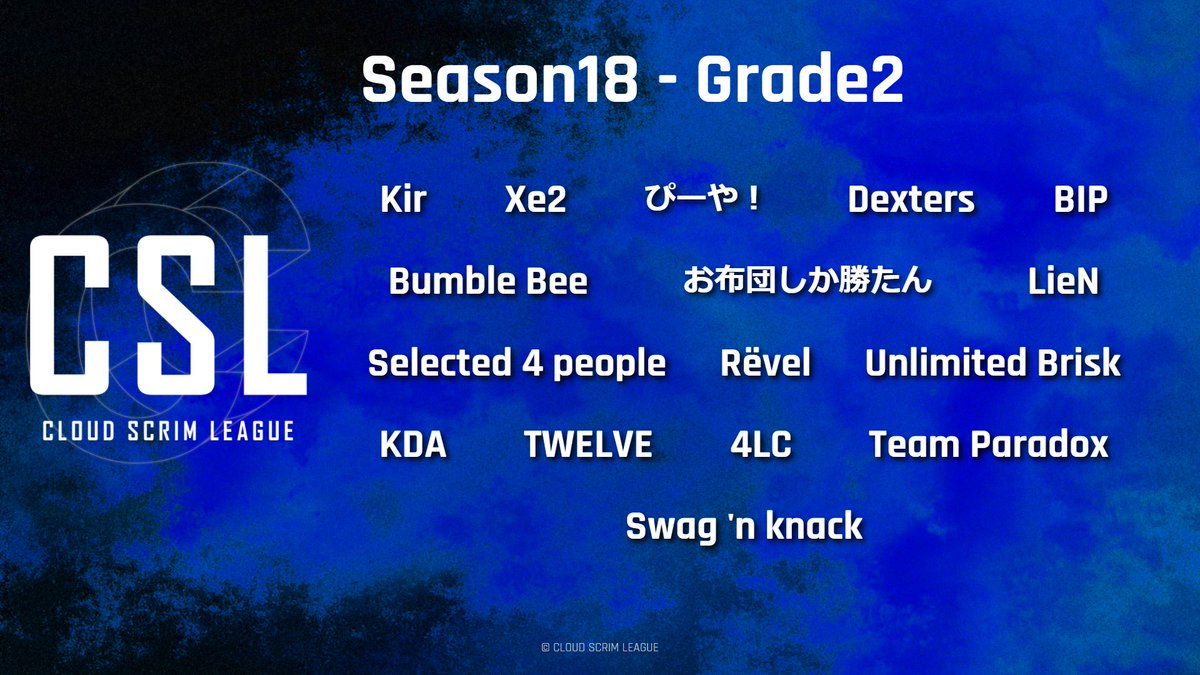 CSL_temp's tweet photo. 【CSL Season18 Roster】
12月8日(水)21時から始まる
Season18 Grade1・Grade2 のロースターが確定しました。
全32チームの内どのチームが勝ち上がるのか6日間に渡って行われる選手たちの熱い戦いをお楽しみに!
画像を使用される場合は #CSL をお忘れないようお願い致します!
#CSL
#PUBG_MOBILE https://t.co/xV3KYkZ85b