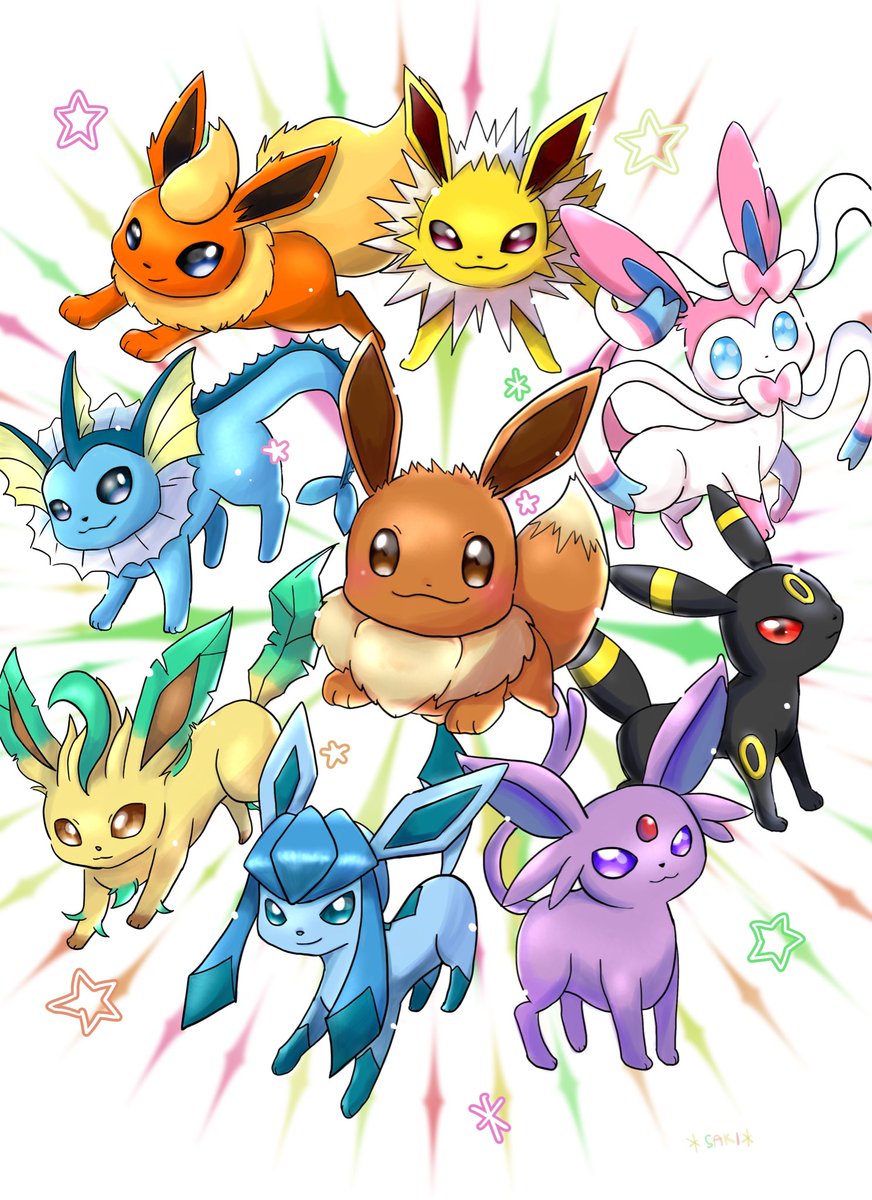 eevee ,espeon ,flareon ,glaceon ,leafeon ,sylveon ,umbreon ,vaporeon pokemon (creature) no humans open mouth smile brown eyes evolutionary line :d  illustration images