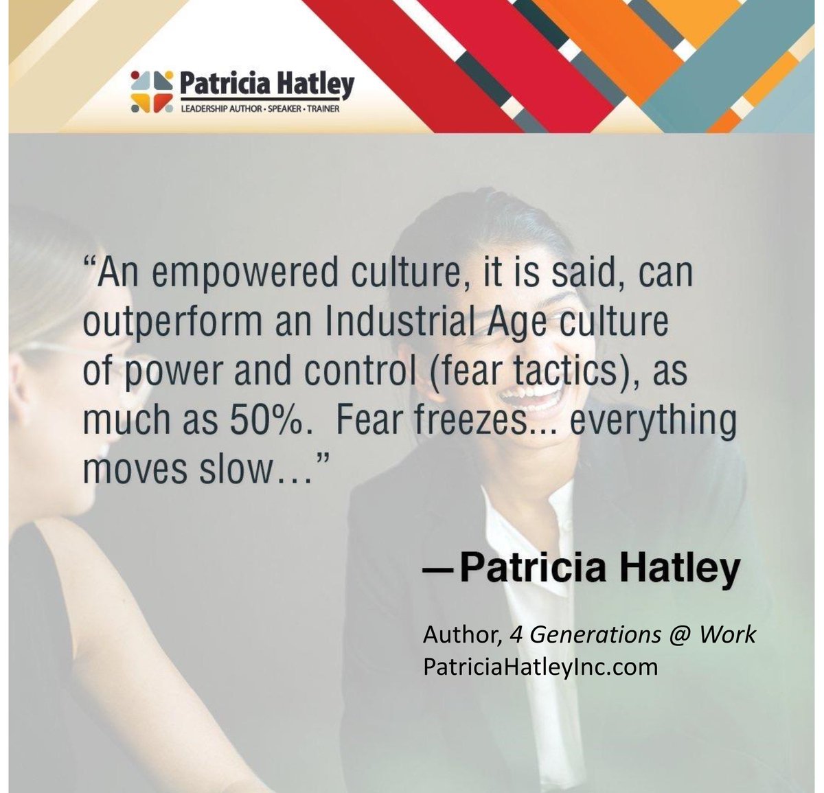PatHatleyInc's tweet photo. In an empowered culture, People think &amp; act on their own…not waiting for the ‘manager’ to tell them what to do. A sense of freedom to be oneself cuts the psychological strings that restrain energy, creativity, collaboration &amp; all that is good. #leadership #SHRM #Leadershipcoach https://t.co/qhnCLl3n3v