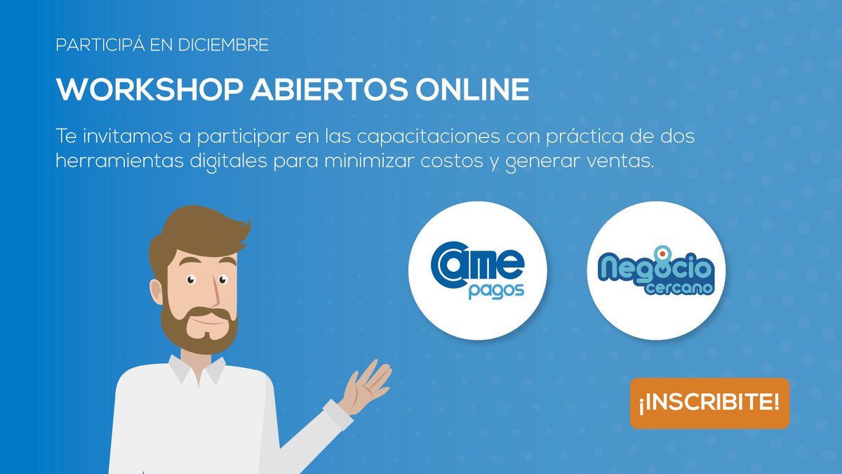¿Sabías que todos los miércoles estaremos realizando Workshops online donde podés aprender a usar CAME PAGOS y NEGOCIO CERCANO? 🤗

Ingresá a CAMEPagos.com.ar/eventos.html , seleccioná el día del evento, hacé click en el enlace para inscribirte y ¡Listo! ✔️