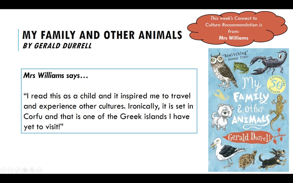 holycrosschorl's tweet photo. This week's #ConnecttoCulture recommendation is from Mrs Williams and is called 'My Family and Other Animals' by Gerald Durrell. 
Mrs Williams loves this book and it inspired her to learn about other cultures and travel to new places. Why don't you give this one a go? https://t.co/7eYaW3qNIF
