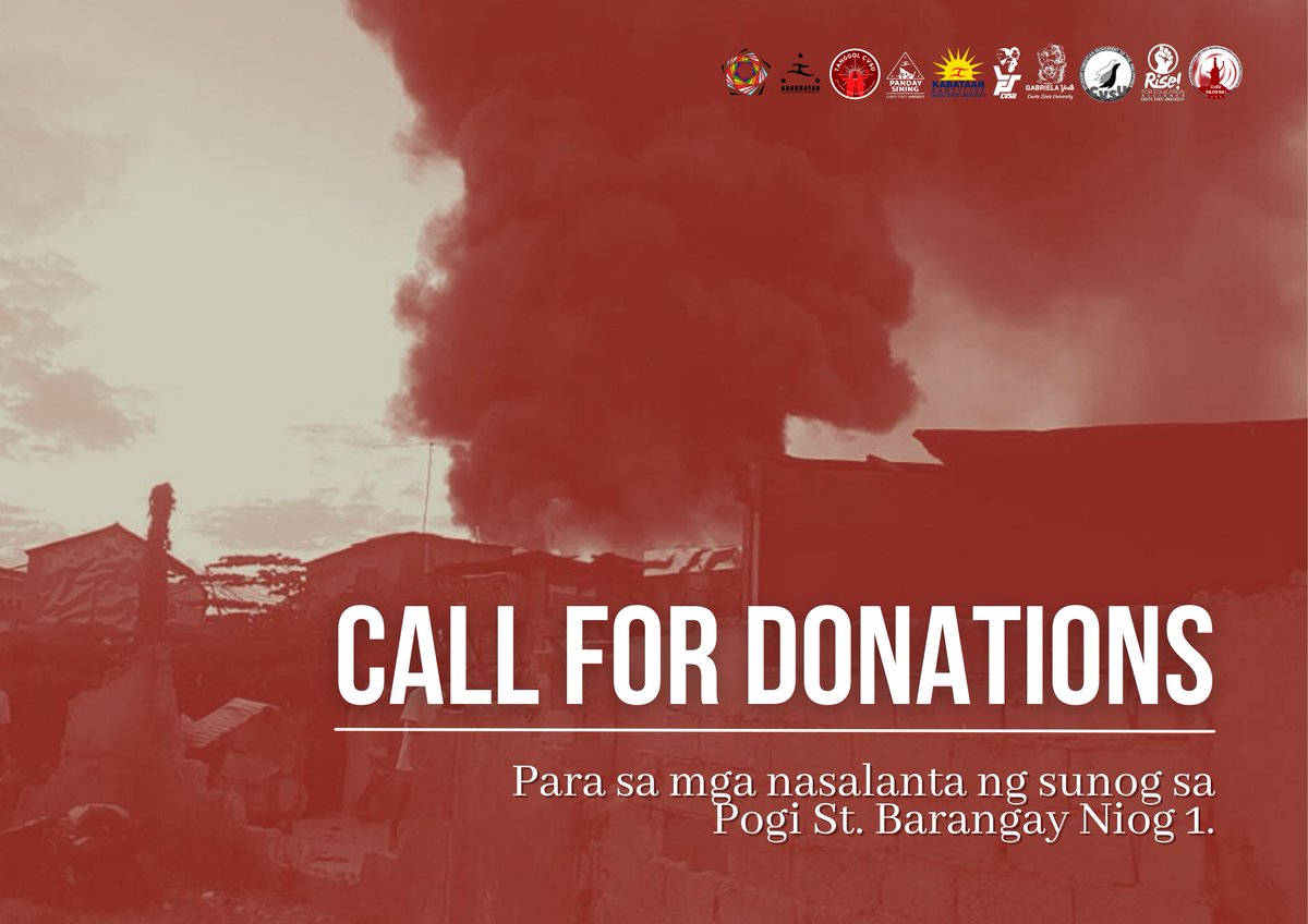 SCMP_CvSU's tweet photo. TASK FORCE LINGAP CvSU - CALL FOR DONATIONS

Hapon ngayong araw ay tinupok ng napakalaking sunog ang maliit na komunidad sa Pogi St. Barangay Niog 1 Bacoor, Cavite. Mahigit 100 kabahayan ang naapektuhan. 

Lubos naming pasasalamanatan ang lahat ng magbibigay ng donasyon.

1/2 https://t.co/ZfFshB8uM9